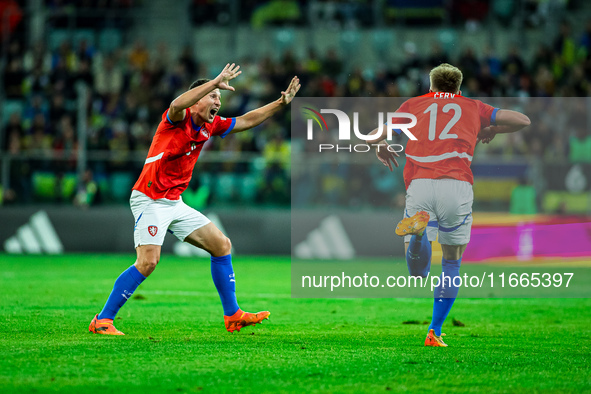 Jan Boril and Lukas Cerv participate in a football match of the UEFA Nations League between the Ukraine and Czechia national teams in Wrocla...