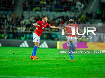 Jan Boril and Lukas Cerv participate in a football match of the UEFA Nations League between the Ukraine and Czechia national teams in Wrocla...