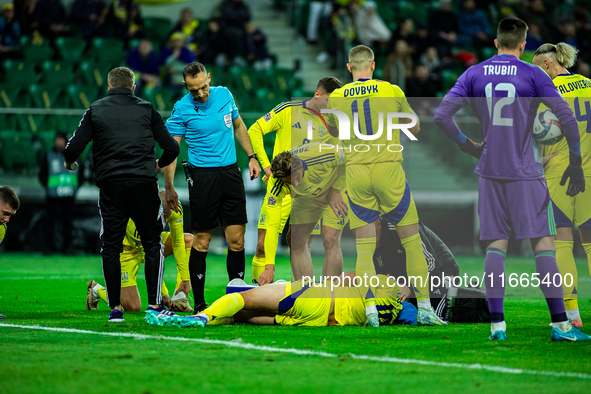 Artem Dovbyk participates in a football match of the UEFA Nations League between the Ukraine and Czechia national teams in Wroclaw, Poland,...