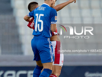 Victor Mudrac of Moldova vies for the ball with Luke Montebello of Malta during the UEFA Nations League, League D, Group D2 soccer match bet...