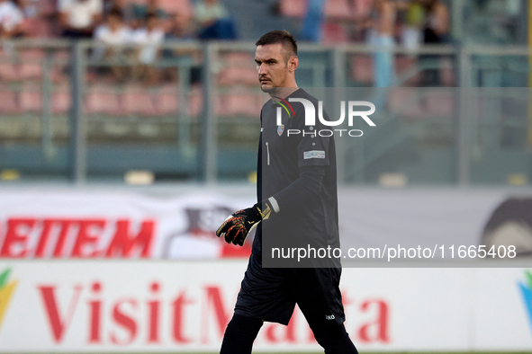 In Ta' Qali, Malta, on October 13, 2024, Dumitru Celeadnic, the goalkeeper of Moldova, participates in the UEFA Nations League, League D, Gr...