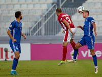 In Ta' Qali, Malta, on October 13, 2024, Sergiu Platica of Moldova heads the ball during the UEFA Nations League, League D, Group D2 soccer...