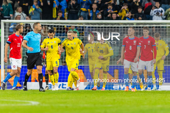 Ukrainian team is celebraiting scoring a goal during the  UEFA Nations League 2024 League B Group B1 match between Ukraine and Czechia , at...