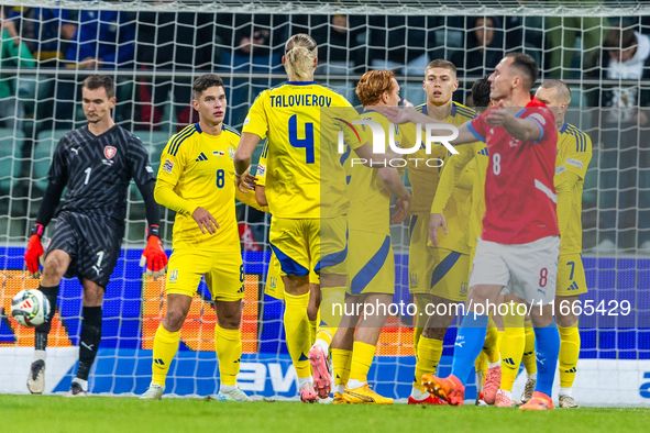 Ukrainian team is celebraiting scoring a goal during the  UEFA Nations League 2024 League B Group B1 match between Ukraine and Czechia , at...