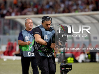 A TV steadicam operator works during the UEFA Nations League, League D, Group D2 soccer match between Malta and Moldova at the National Stad...