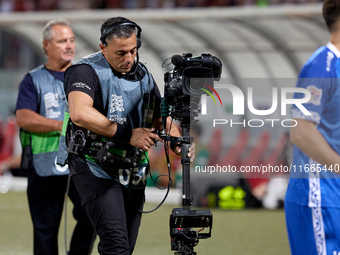 A TV steadicam operator works during the UEFA Nations League, League D, Group D2 soccer match between Malta and Moldova at the National Stad...