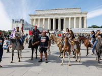 Members of the Muwekma Ohlone Tribe of the San Francisco Bay Area, along with other tribal groups and their supporters, arrive at the Lincol...