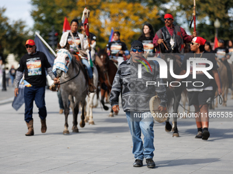 Members of the Muwekma Ohlone Tribe of the San Francisco Bay Area, along with other tribal groups and their supporters, arrive at the Lincol...