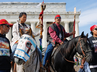 Members of the Muwekma Ohlone Tribe of the San Francisco Bay Area, along with other tribal groups and their supporters, arrive at the Lincol...