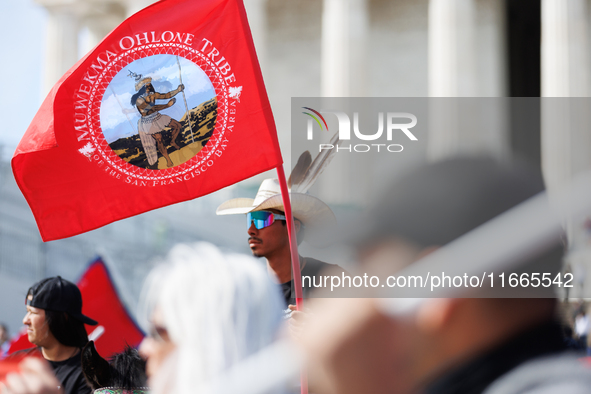 Members of the Muwekma Ohlone Tribe of the San Francisco Bay Area, along with other tribal groups and their supporters, arrive at the Lincol...