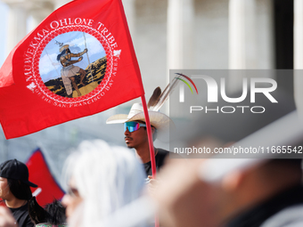 Members of the Muwekma Ohlone Tribe of the San Francisco Bay Area, along with other tribal groups and their supporters, arrive at the Lincol...