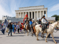 Members of the Muwekma Ohlone Tribe of the San Francisco Bay Area, along with other tribal groups and their supporters, arrive at the Lincol...