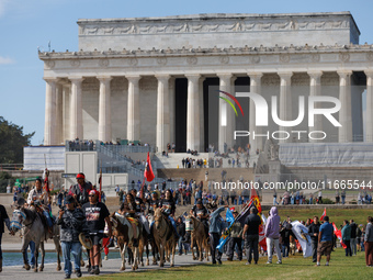 Members of the Muwekma Ohlone Tribe of the San Francisco Bay Area, along with other tribal groups and their supporters, arrive at the Lincol...