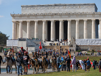 Members of the Muwekma Ohlone Tribe of the San Francisco Bay Area, along with other tribal groups and their supporters, arrive at the Lincol...