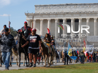 Members of the Muwekma Ohlone Tribe of the San Francisco Bay Area, along with other tribal groups and their supporters, arrive at the Lincol...