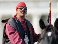 Members of the Muwekma Ohlone Tribe of the San Francisco Bay Area, along with other tribal groups and their supporters, arrive at the Lincol...