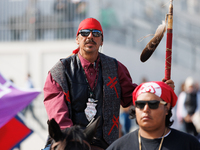 Members of the Muwekma Ohlone Tribe of the San Francisco Bay Area, along with other tribal groups and their supporters, arrive at the Lincol...