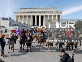 Members of the Muwekma Ohlone Tribe of the San Francisco Bay Area, along with other tribal groups and their supporters, arrive at the Lincol...