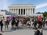 Members of the Muwekma Ohlone Tribe of the San Francisco Bay Area, along with other tribal groups and their supporters, arrive at the Lincol...