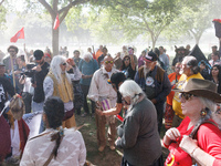 Members of the Muwekma Ohlone Tribe of the San Francisco Bay Area, along with other tribal groups and their supporters, arrive on horseback...