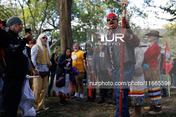 Members of the Muwekma Ohlone Tribe of the San Francisco Bay Area, along with other tribal groups and their supporters, arrive on horseback...