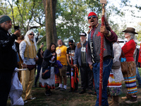 Members of the Muwekma Ohlone Tribe of the San Francisco Bay Area, along with other tribal groups and their supporters, arrive on horseback...