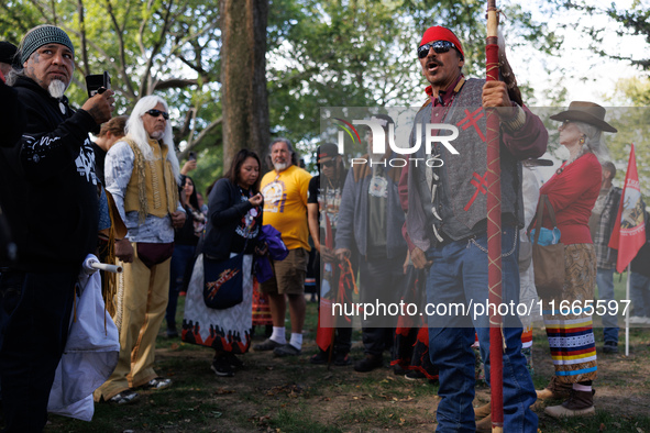 Members of the Muwekma Ohlone Tribe of the San Francisco Bay Area, along with other tribal groups and their supporters, arrive on horseback...