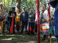 A woman speaks as members of the Muwekma Ohlone Tribe of the San Francisco Bay Area, along with other tribal groups and their supporters, ar...