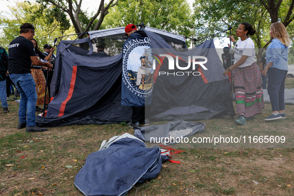 Members of the Muwekma Ohlone Tribe of the San Francisco Bay Area, along with other tribal groups and their supporters, set up an encampment...