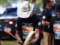 Members of the Muwekma Ohlone Tribe of the San Francisco Bay Area, along with other tribal groups and their supporters, arrive on horseback...