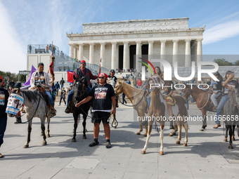 Members of the Muwekma Ohlone Tribe of the San Francisco Bay Area, along with other tribal groups and their supporters, arrive at the Lincol...