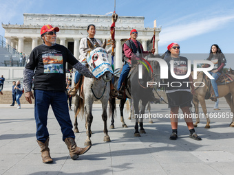 Members of the Muwekma Ohlone Tribe of the San Francisco Bay Area, along with other tribal groups and their supporters, arrive at the Lincol...