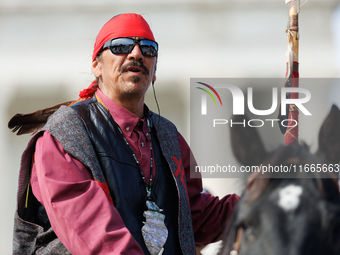 Members of the Muwekma Ohlone Tribe of the San Francisco Bay Area, along with other tribal groups and their supporters, arrive at the Lincol...