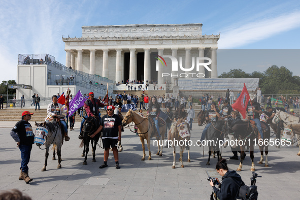 Members of the Muwekma Ohlone Tribe of the San Francisco Bay Area, along with other tribal groups and their supporters, arrive at the Lincol...