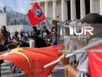 Members of the Muwekma Ohlone Tribe of the San Francisco Bay Area, along with other tribal groups and their supporters, arrive at the Lincol...