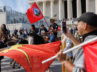 Members of the Muwekma Ohlone Tribe of the San Francisco Bay Area, along with other tribal groups and their supporters, arrive at the Lincol...