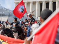 Members of the Muwekma Ohlone Tribe of the San Francisco Bay Area, along with other tribal groups and their supporters, arrive at the Lincol...