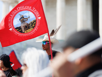 Members of the Muwekma Ohlone Tribe of the San Francisco Bay Area, along with other tribal groups and their supporters, arrive at the Lincol...