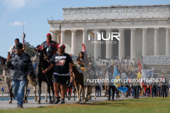 Members of the Muwekma Ohlone Tribe of the San Francisco Bay Area, along with other tribal groups and their supporters, arrive at the Lincol...