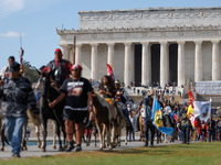 Members of the Muwekma Ohlone Tribe of the San Francisco Bay Area, along with other tribal groups and their supporters, arrive at the Lincol...