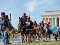 Members of the Muwekma Ohlone Tribe of the San Francisco Bay Area, along with other tribal groups and their supporters, arrive at the Lincol...