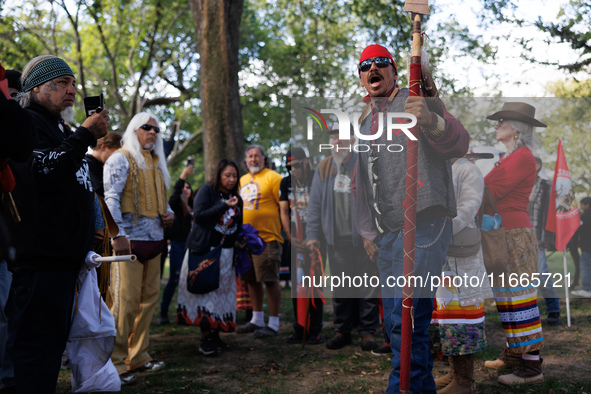 Members of the Muwekma Ohlone Tribe of the San Francisco Bay Area, along with other tribal groups and their supporters, arrive on horseback...