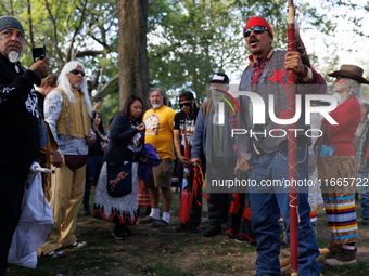 Members of the Muwekma Ohlone Tribe of the San Francisco Bay Area, along with other tribal groups and their supporters, arrive on horseback...