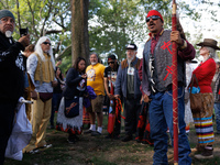 Members of the Muwekma Ohlone Tribe of the San Francisco Bay Area, along with other tribal groups and their supporters, arrive on horseback...