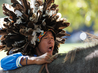 Members of the Muwekma Ohlone Tribe of the San Francisco Bay Area, along with other tribal groups and their supporters, arrive on horseback...