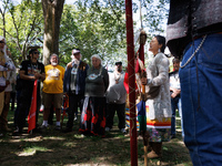 A woman speaks as members of the Muwekma Ohlone Tribe of the San Francisco Bay Area, along with other tribal groups and their supporters, ar...