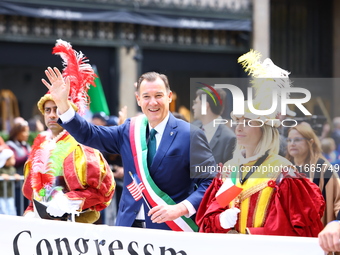 Congressman Thomas Suozzi marches up 5th Avenue in the Columbus Day Parade in New York City, United States, on October 14, 2024. (