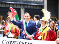 Congressman Thomas Suozzi marches up 5th Avenue in the Columbus Day Parade in New York City, United States, on October 14, 2024. (