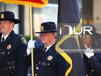 The Nassau County Sheriff's Department marches up 5th Avenue in the Columbus Day Parade in New York City, on October 14, 2024. (