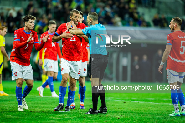 Tomas Soucek and Guillermo Cuadra are present during a UEFA Nations League match between the Ukraine and Czechia national teams in Wroclaw,...